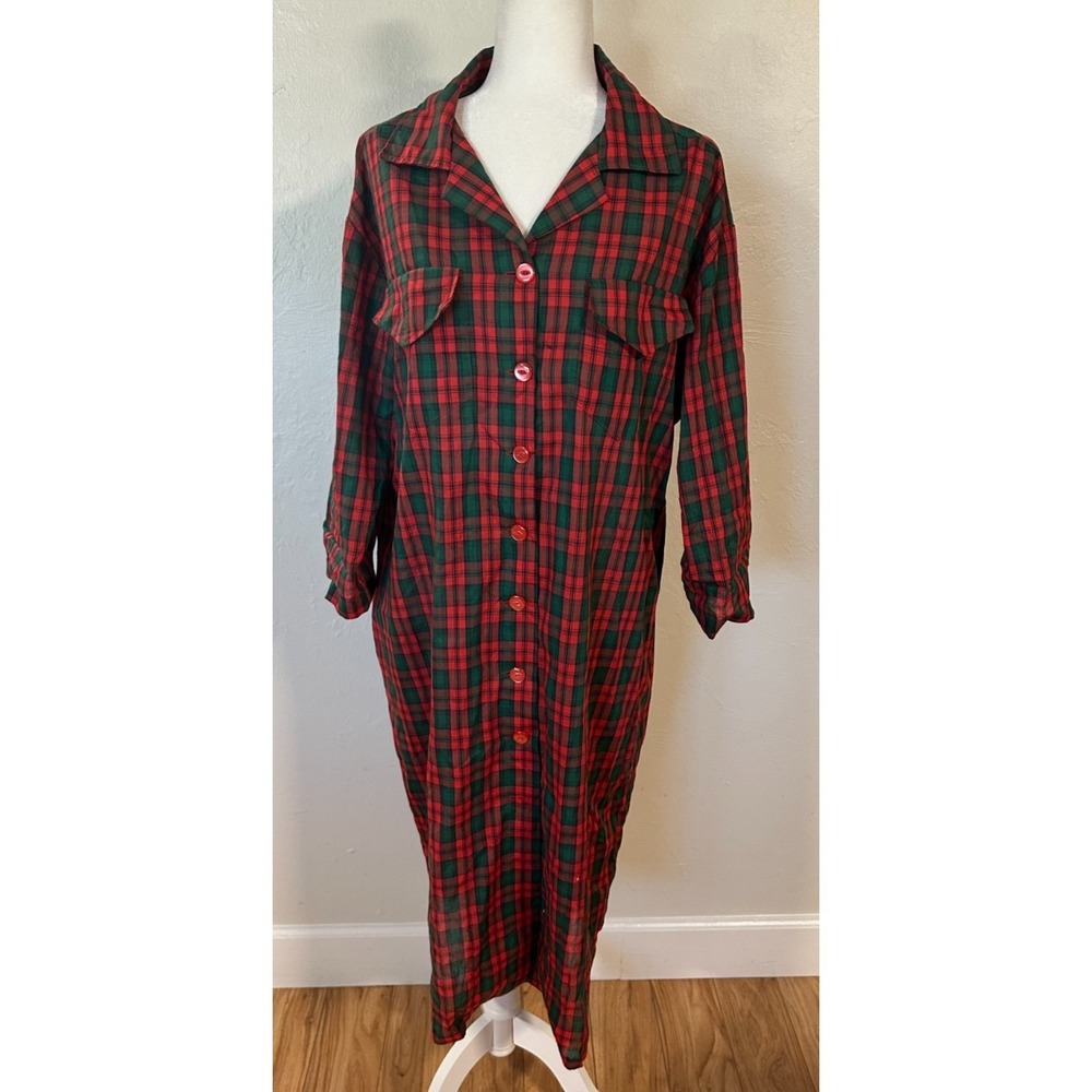 Red Plaid Tartan Nightgown‎ Cotton Long Sleeve Pockets See Measurements